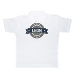 White kids polo shirt printed with a grey and blue emblem design with the name Leon and stars