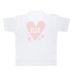 White polo shirt printed with a large pink heart and smaller hearts with the name ELSA in white lettering, a custom design.