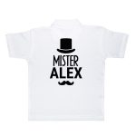 White kids polo shirt printed with Mister Alex design a top hat and mustache. You can personalize these polo shirts.