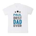 White polo shirt printed with three black stars and "Paul Best Dad Ever" text in black and blue