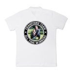 White polo shirt printed with a circular design featuring a father and son with a soccer ball and the words "Champions Team All Time Winners" for your own design.