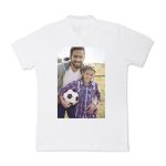 White polo shirt printed with a photo of a man and boy holding a soccer ball. Personalize your own design.