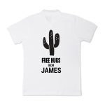White personalized polo shirt printed with a cactus design and text Free Hugs From James