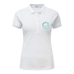 White ladies polo shirt printed with a unicorn design and the name Anna