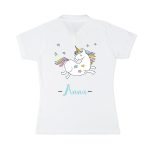 White polo shirt for women printed with a colorful unicorn design and the name Anna