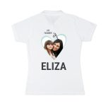 White polo shirt printed with a heart-shaped photo of a woman and child, text "MY FAVORITE" and "ELIZA"