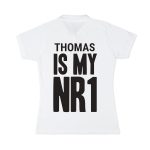 White polo shirt printed with black text "THOMAS IS MY NR1". Customize your own design with text, photo or logo.