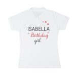 White polo shirt printed with Isabella Birthday girl design and three red stars