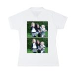 White personalized polo shirts printed with two photos of a woman with two children