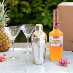 Pornstar Martini cocktail gift set with an engraved shaker that reads Stefanie, two glasses, and a bottle of cocktail mix.
