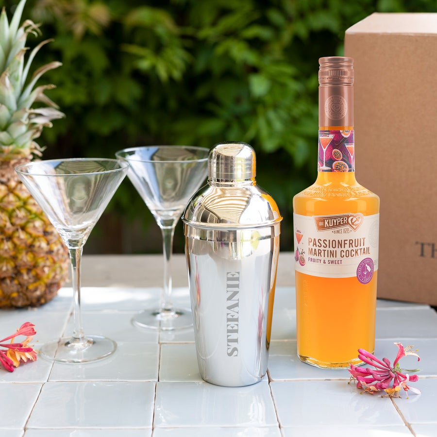 Pornstar Martini cocktail gift set with an engraved shaker that reads Stefanie, two glasses, and a bottle of cocktail mix.