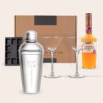 Pornstar Martini cocktail gift set with a personalized engraved stainless steel shaker and two glasses