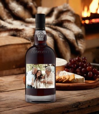 Graham's 10 Year Old Cask Matured Port with a personalized photo label showing three smiling people, a delicious gift
