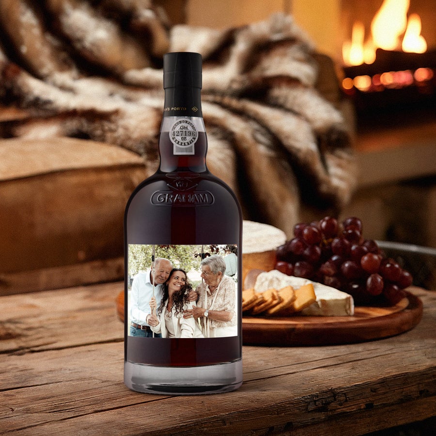 Graham's 10 Year Old Cask Matured Port with a personalized photo label showing three smiling people, a delicious gift