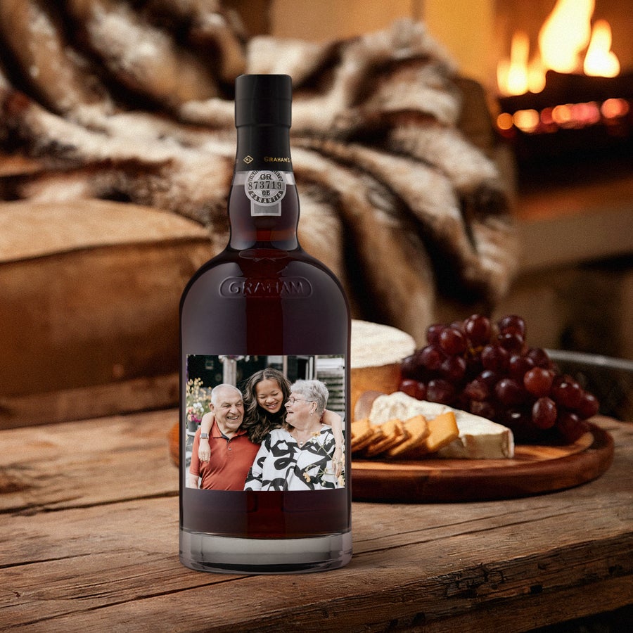 Graham's The Tawny Reserve with a photo label, printed with a custom family photo for a delicious personalized gift