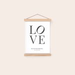 Personalized poster with a magnetic poster hanger, printed with the word LOVE and names Olivia & Daniel