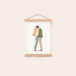 Custom poster with an illustration of a couple kissing, held by a magnetic poster hanger