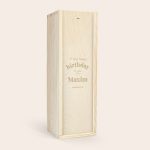 Personalized engraved wooden case for a Bacardi Reserva Ocho rum bottle. The case is engraved with "A very happy birthday to you Maxim."