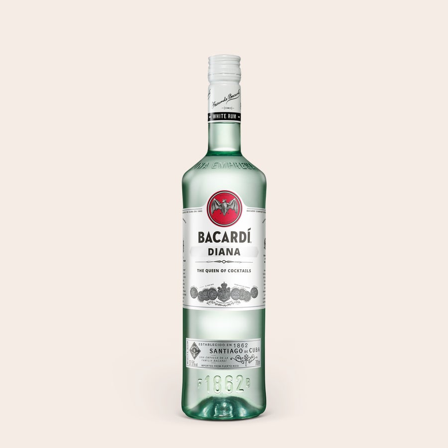 Bottle of Bacardi Carta Blanca rum with a personalized label featuring the name Diana.