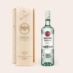 Bacardi Carta Blanca rum bottle with a personalized label for Natalia, presented in an engraved wooden box