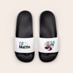 Pair of personalised sliders with a name and football graphic on one and a printed photo on the other