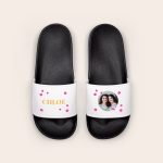 White personalised sliders for summer printed with a name Chloe and a photo of two women surrounded by pink flowers