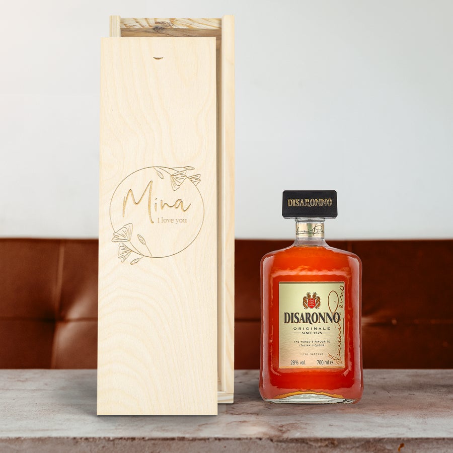 Amaretto Disaronno liqueur in an engraved wooden case with Mina I love you text and floral design