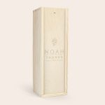 Personalized wooden gift box with an engraved "Noah Thanks for everything" message and a leaf design, for Amaretto Disaronno liqueur.