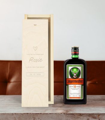 Jägermeister liqueur in an engraved wooden case personalized with Rosie, a heart, and a date