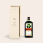 Jägermeister liqueur in an engraved wooden case personalized with "Noah Happy Birthday Sunshine" and a sun icon
