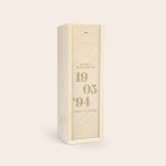 Engraved wooden case for a bottle of Jägermeister liqueur, personalized with the date 19 05 '94 and names Holly & Adam