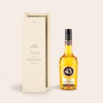Licor 43 liqueur in an engraved wooden case with the name Noah, Happy Birthday, and Sunshine