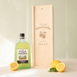 Villa Massa Limoncello liqueur bottle in an engraved wooden case with the text "The best limoncello served by Noah"