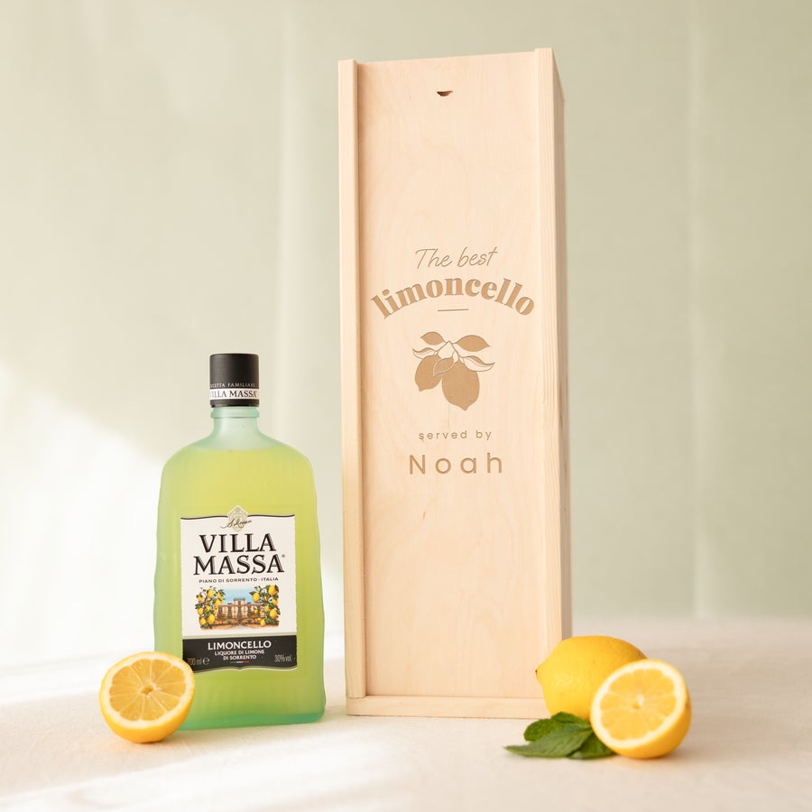 Villa Massa Limoncello liqueur bottle in an engraved wooden case with the text "The best limoncello served by Noah"