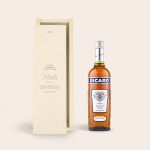 Ricard Pastis liqueur in an engraved wooden case with Happy Birthday text and name Noah