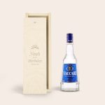 Personalized Sambuca Vaccari liqueur in an engraved wooden case with a birthday message for Noah
