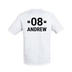 White personalized men's sport shirt with the number 08 and name Andrew printed on the back
