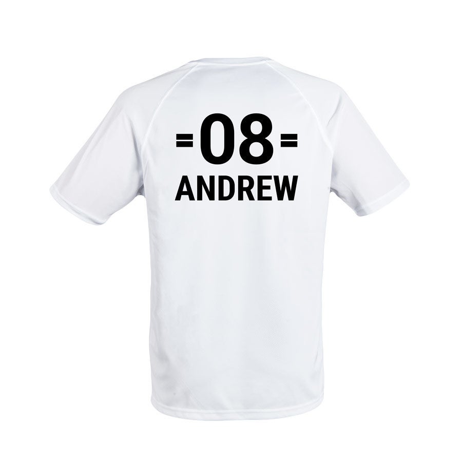 White personalized men's sport shirt with the number 08 and name Andrew printed on the back