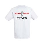 White personalized mens sport shirt with name "STEVEN" printed below "BEAST MODE" text and claw marks