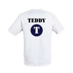 White men's sport shirt with "TEDDY" and an initial T printed on the back, customizable with your own name.