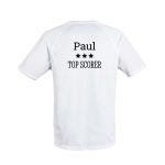 White men's sport shirt with Paul and Top Scorer text, printed with three black stars