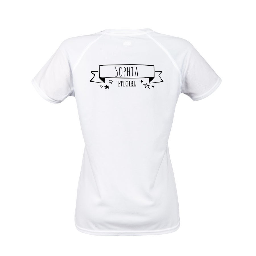 White sporty and fashionable ladies sports t-shirt with raglan sleeves, printed with name Sophia and Fitgirl design