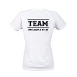 White sporty and fashionable ladies sports t-shirt printed with "TEAM DANGEROUS DIVAS" and a personalized name