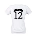 White ladies sports t-shirt printed with the name Mary and number 12, a sporty and fashionable ladies sports t-shirt with name