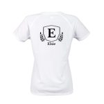 White ladies sports t-shirt printed with a shield design with initial E and the name Elsie