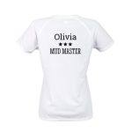White ladies sports t-shirt printed with Olivia, three stars, and MUD MASTER.