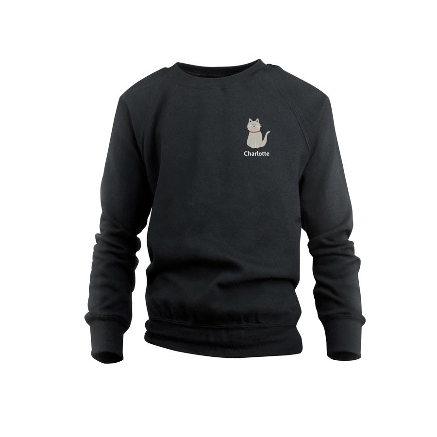 Kids black personalized sweater with name Charlotte and a printed cat design
