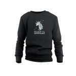 Black kids sweater with name Isabella, printed with a unicorn design surrounded by stars