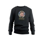 Black kids personalized sweater with name Emma and a photo of a smiling girl printed on the front.