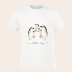 White kids t-shirt with three penguins and a pregnancy announcement printed with Anna + William + Jason + ?